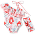 6 Month Baby Girls One Piece Ruffle Swimsuits Infant Floral Bathing Suit Off Shoulder Flower Swimwear Swimming Beach Wear with Headband 6-12 Months