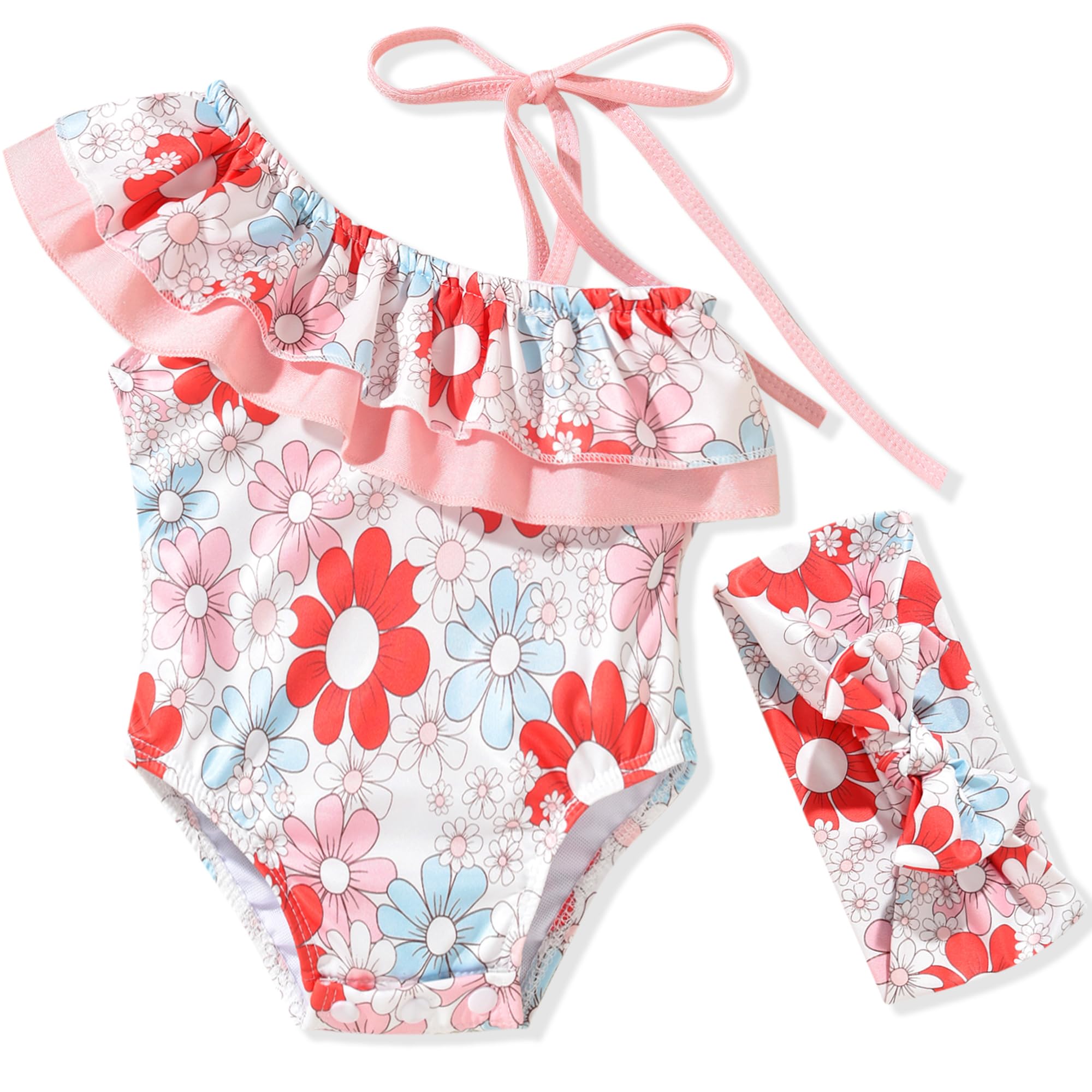 6 Month Baby Girls One Piece Ruffle Swimsuits Infant Floral Bathing Suit Off Shoulder Flower Swimwear Swimming Beach Wear with Headband 6-12 Months