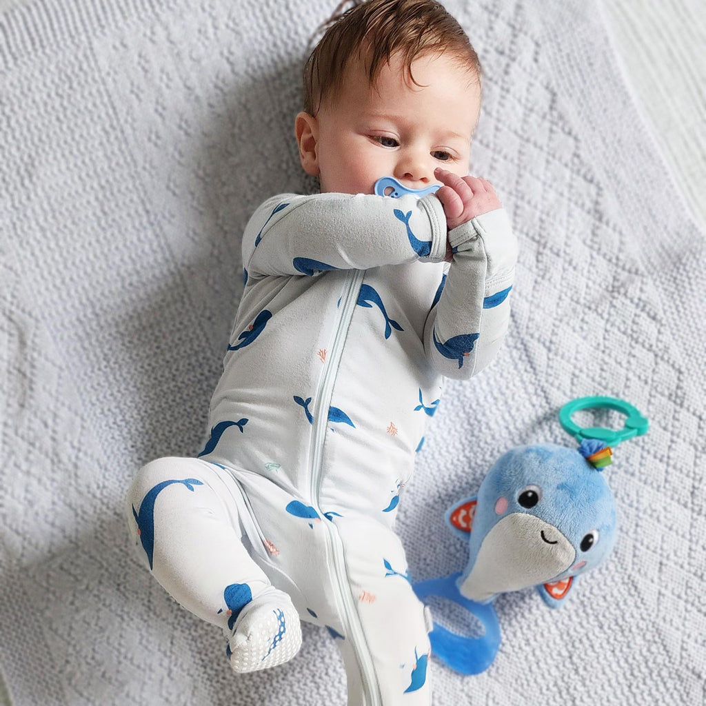 Bamboo Little Soft Baby Footie Pajamas, Baby Clothes, Newborn Sleepers, 95% Viscose and 5% Spandex, Whale, 3-6 Months