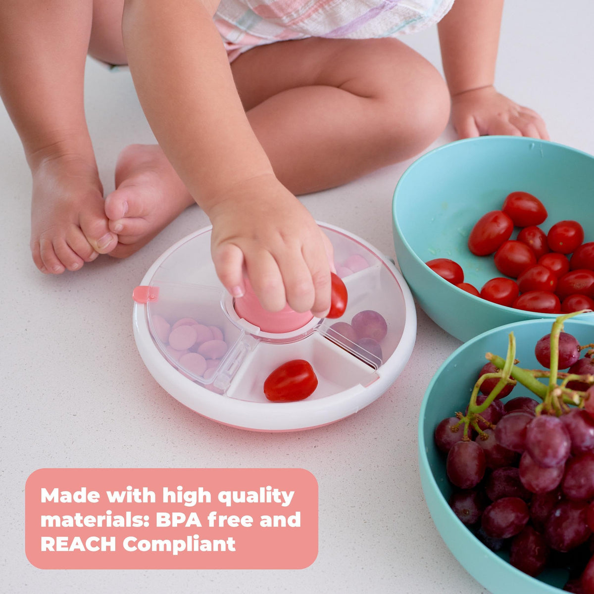 GoBe Kids Small Snack Spinner Slide Bundle with Hand Strap and Sticker Sheet - Reusable Snack Container with 5 Compartment Dispenser and Lid | BPA/PVC Free | Dishwasher Safe | No Spill - Coral Pink