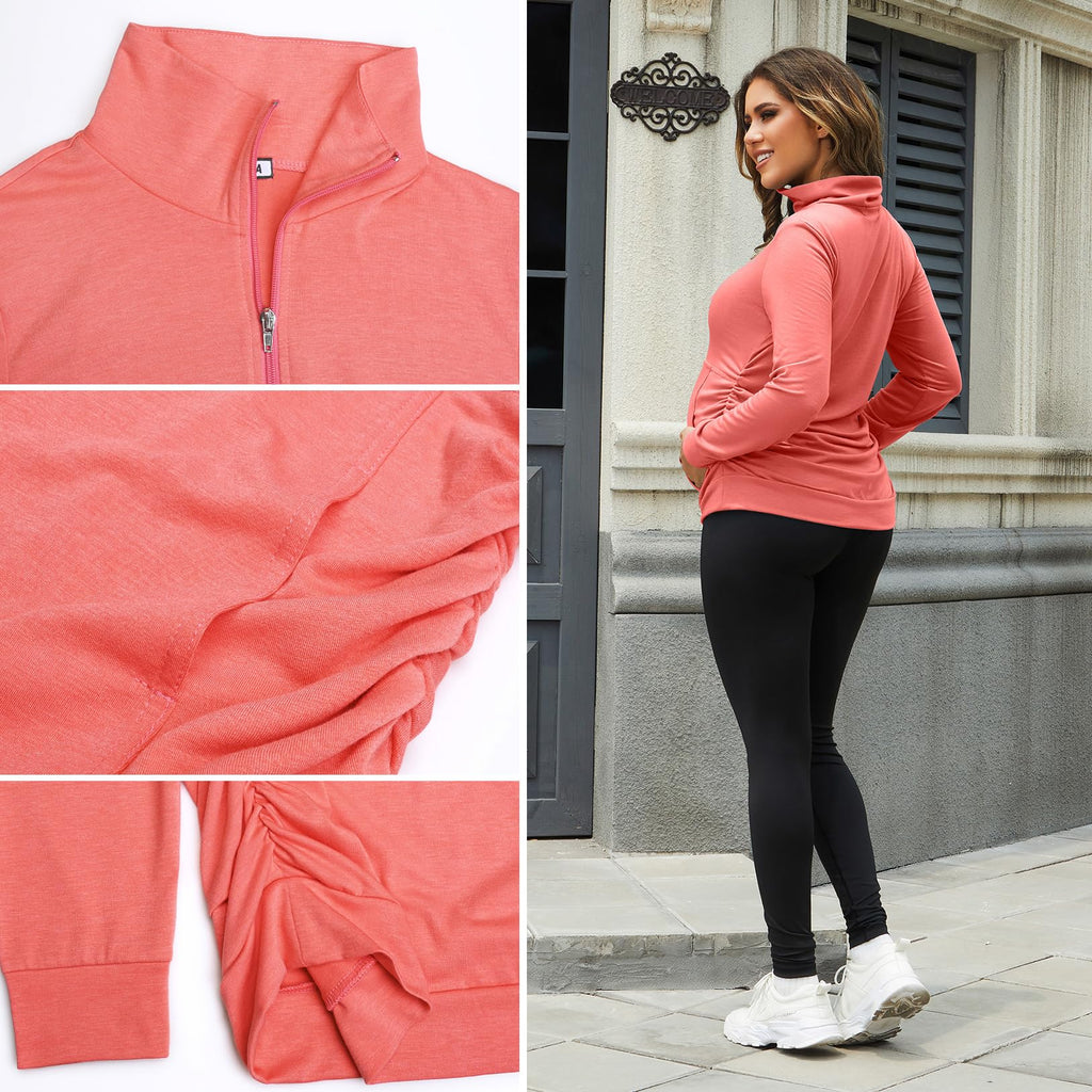 GINKANA Maternity Pullover Tops Maternity Zipper Shirts Lapel Long Sleeve Casual Lightweight Pregnancy Tops with Pockets,Coral Red,L