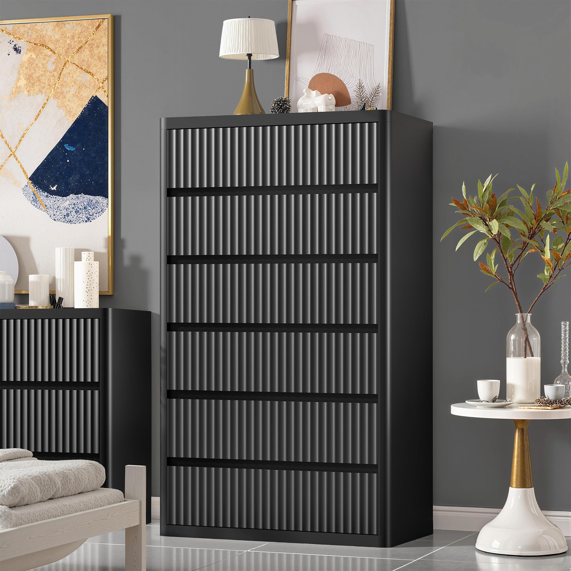Standifurno Black 56" Tall Dresser for Bedroom, Fluted Modern 6 Drawers Deep Dressers, Wood Chest of Drawers with Handleless, Curved Profil Storage Closet Dressers for Bedroom, Living Room, Hallway