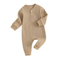 Kuriozud Newborn Baby Boy Girl Clothes Button Solid Long Sleeve Romper Jumpsuit Basic One Piece Outfits Waffle Long Sleeve Khaki, 9-12 Months