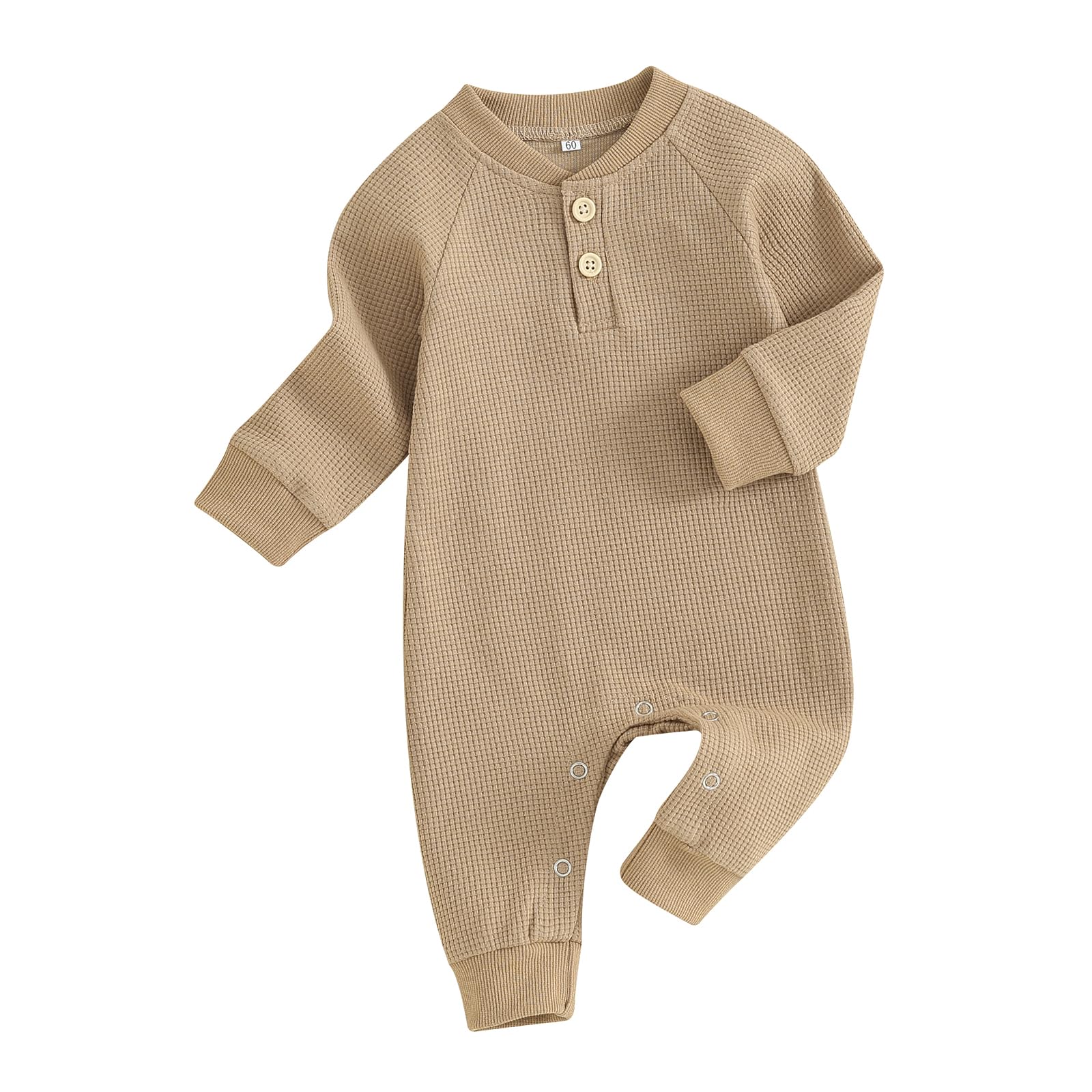 Kuriozud Newborn Baby Boy Girl Clothes Button Solid Long Sleeve Romper Jumpsuit Basic One Piece Outfits Waffle Long Sleeve Khaki, 6-9 Months