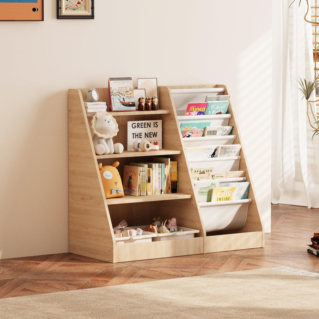 HedoAjim 4 Tier Kids Wooden Bookshelf,Five Layer Sling Children Bookcase,Baby Storage Book Rack,Book and Toy Organizer Cabinet Chest,Book Display Shelf,Playroom Nursery Classroom Library