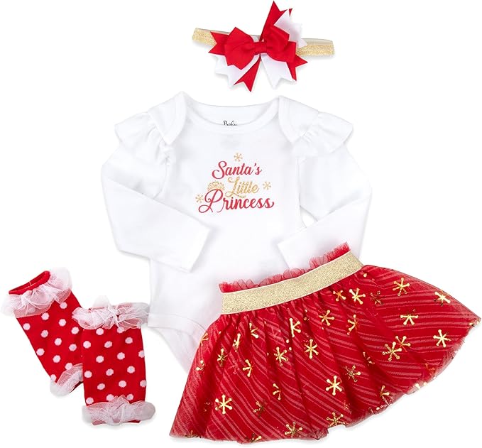 Baby Girl Holiday Outfit 4-Piece Set – Long Sleeve Bodysuit, Pants, Tutu Skirt & Headband – Halloween, Thanksgiving