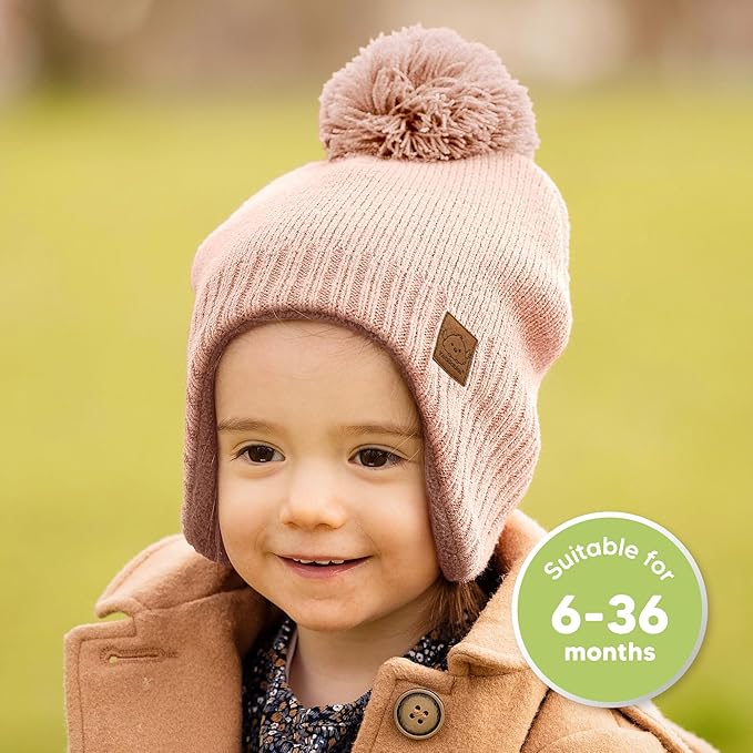 Baby Beanies, Baby Hats for Boys, Girls - Cute Toddler Winter Hat, Soft & Stretchy Beanies for Infant, Newborn 6-36 Months, Cozy & Warm with Earflap Muff & Pom (Blush)