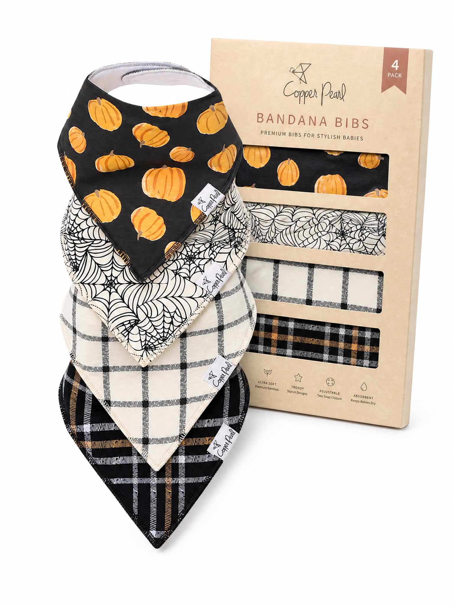 Copper Pearl Baby Bibs for Baby Boy or Girl – Bandana Drool Bibs for Teething, Absorbent Bibs for Eating, Newborn to Toddler, 4 Pack, Patch