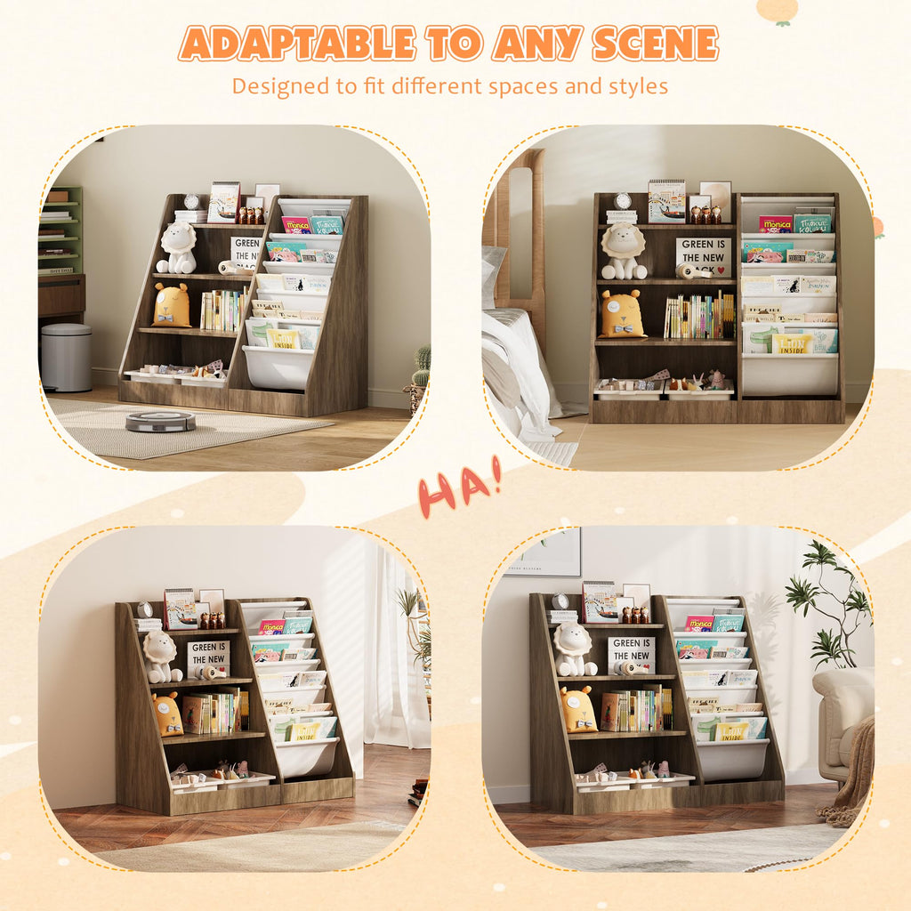 4 Tier Kids Bookshelf Wooden, Five Layer Sling Children Bookcase, Baby Toddler Storage Book Rack, Book and Toy Organizer Cabinet Chest, Book Display Shelf Stand, Playroom Nursery Classroom Library