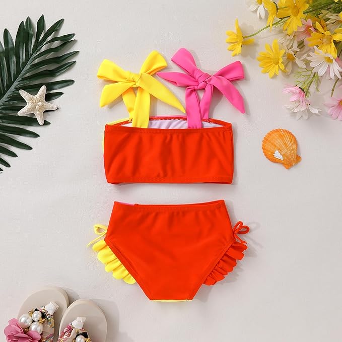Toddler Swimsuit Girl Color Block Stripe Swimwear Baby Girl Summer Beach Bathing Suits Bikini Set with Ruffled Edges
