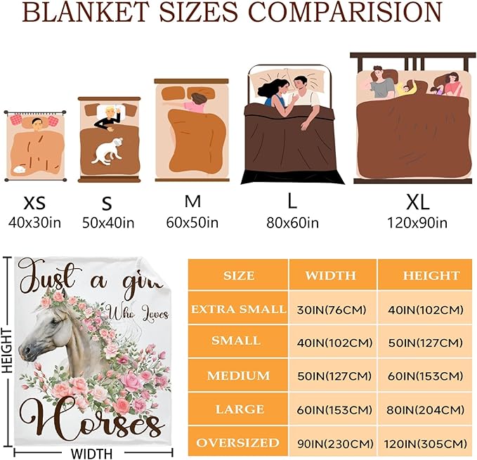 Just A Girl Who Loves Horses Blanket for Adults,Flowers Animals Throw Blanket for Girls Boys Lightweight Cute Horse Soft Cozy Flannel Blanket for Kids 90 * 120 Inches