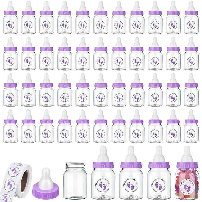 62 Pcs 3.5 Inch Baby Mini Milk Bottle Baby Shower Favor with 500 Adhesive Thank You for Showering Stickers, Small Plastic Candy Bottle DIY Gift for Boy Girl Newborn Baptism Party Decor (Purple)