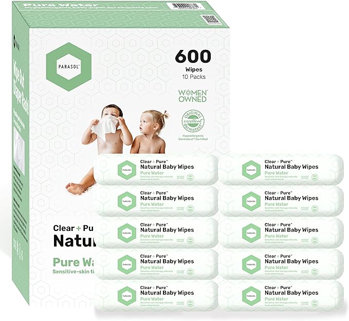 Parasol Clean+Pure Natural Baby Wipes, 99.9% Reverse-Osmosis Water, pH Balanced, Hypoallergenic Wipes, Plant Based, Alcohol-Free and Perfect for Sensitive Skin, 600 Count (10 Packs of 60)