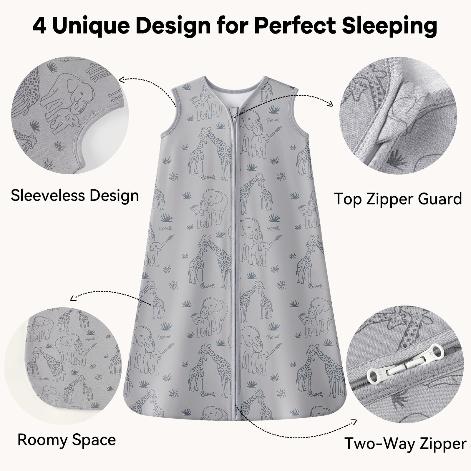 Unnivoll Baby Sleep Sack 12-18 Months 1.0 Tog Baby Wearable Blanket 100% Cotton Sleeping Sack with 2-Way Zipper for Toddler Infant Apricot & Gray Elephant