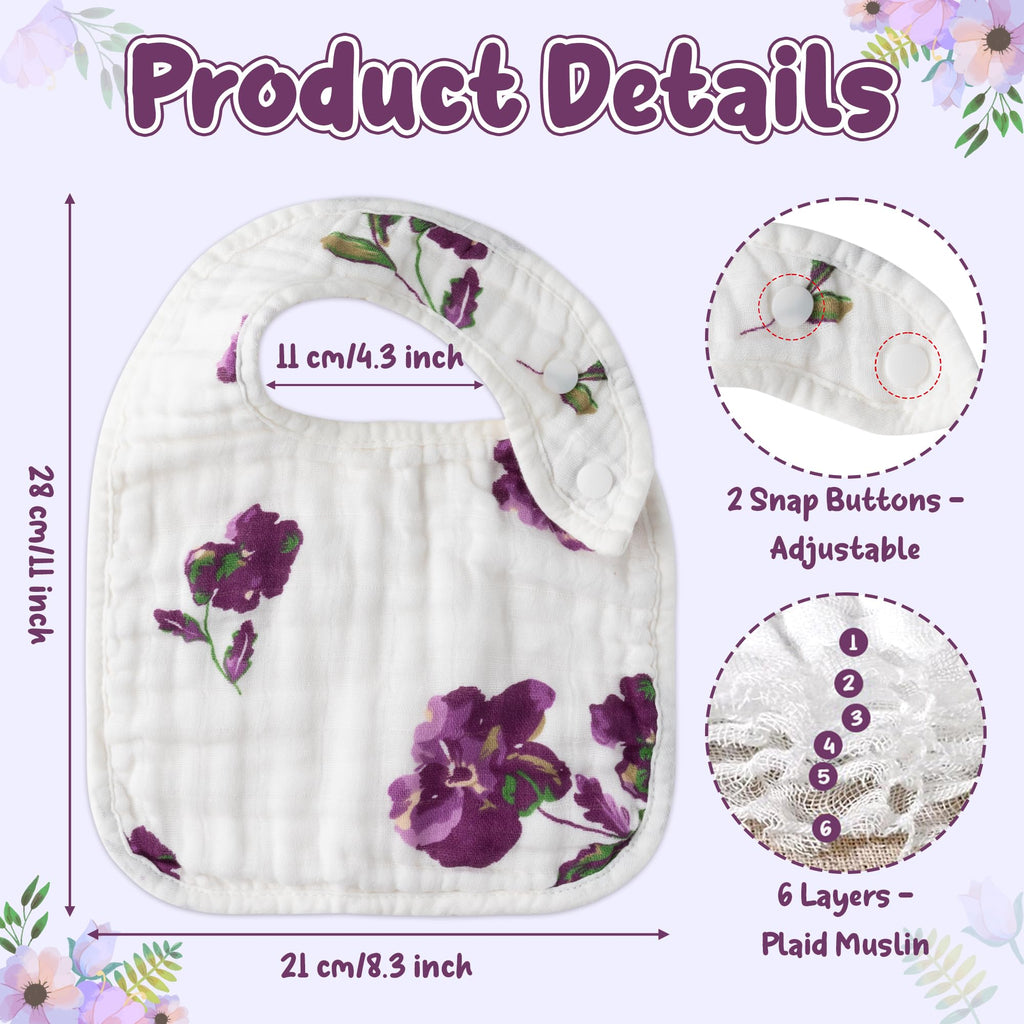 Zainpe 6Pcs Snap Muslin Cotton Baby Bibs Flower Pattern Infants Drooling Bib Soft Absorbent Adjustable Burp Cloths Feeding Cloth for Unisex Newborns Girls Boys Toddlers Teething Eating 0 to 36 Months
