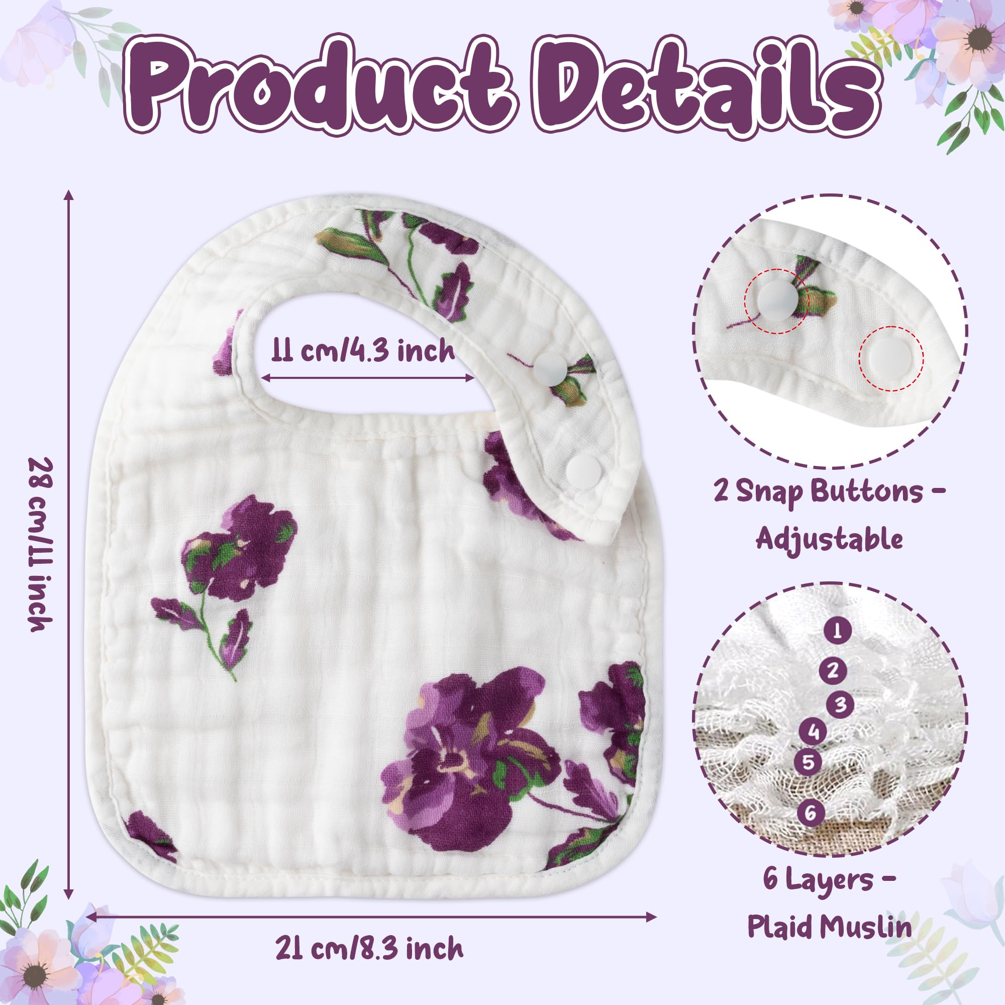 Zainpe 6Pcs Snap Muslin Cotton Baby Bibs Flower Pattern Infants Drooling Bib Soft Absorbent Adjustable Burp Cloths Feeding Cloth for Unisex Newborns Girls Boys Toddlers Teething Eating 0 to 36 Months
