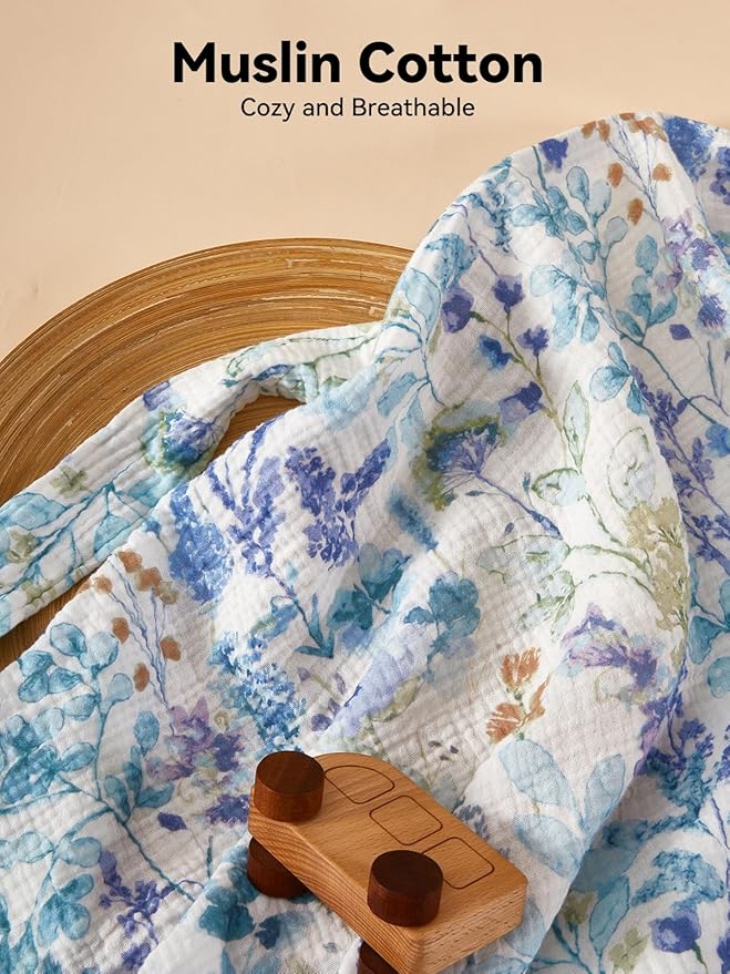 TILLYOU Muslin Nursing Cover for Baby Breastfeeding, 100% Cotton Breathable with Arch Neckline for Women, Blue Flower