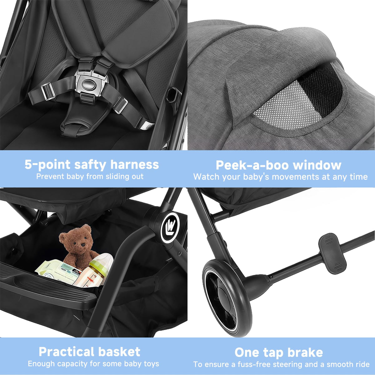 Rollingsurfer Lightweight Baby Stroller for Airplane, Compact Travel Pushchair with Retractable Foot Cover & Reclining Backrest, One Hand Fold Stroller for Toddlers 0-36 Months
