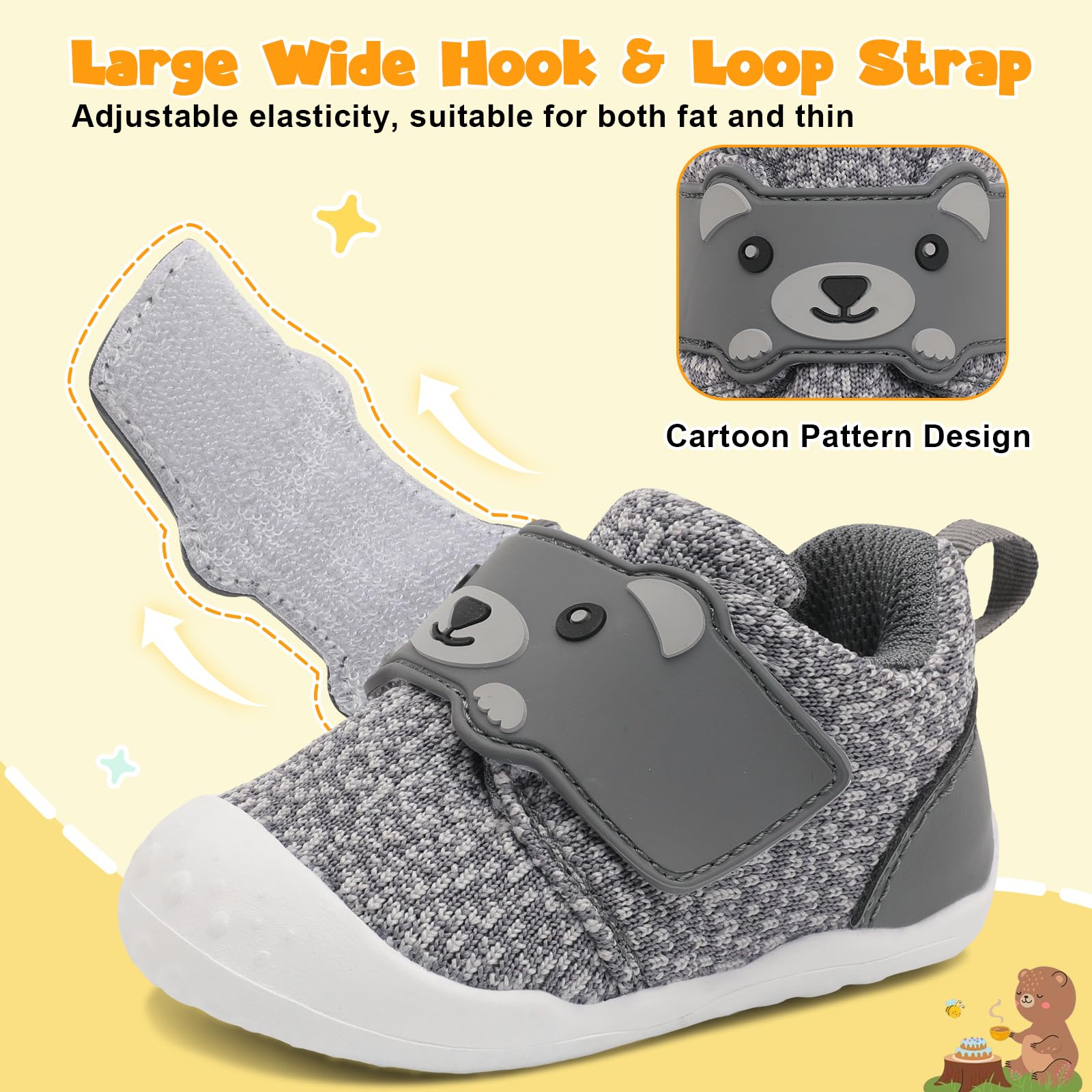 FEETCITY Wide Infant Sneakers - Baby First Walking & Slip On Shoes, Lightweight Barefoot Shoes, 2.5-3 Years, Grey