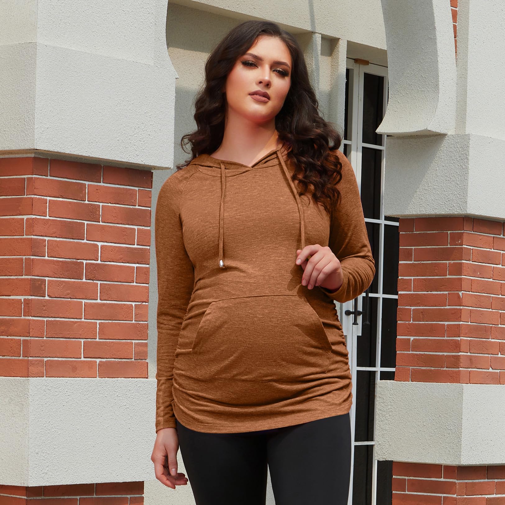 GINKANA Maternity Long Sleeve Hooded Sweatshirt Lightweight Maternity Casual Hoodie Long Sleeve Tunic Top,Dark Orange,XL