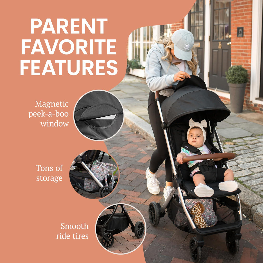 Bombi Bēbee V2 Lightweight Baby Stroller - Premium Vegan Leather, One-Hand Fold, Infinite Recline, Aircraft-Grade Aluminum Frame, XXL Canopy, and Ample Storage Umbrella Stroller - Storm Blue