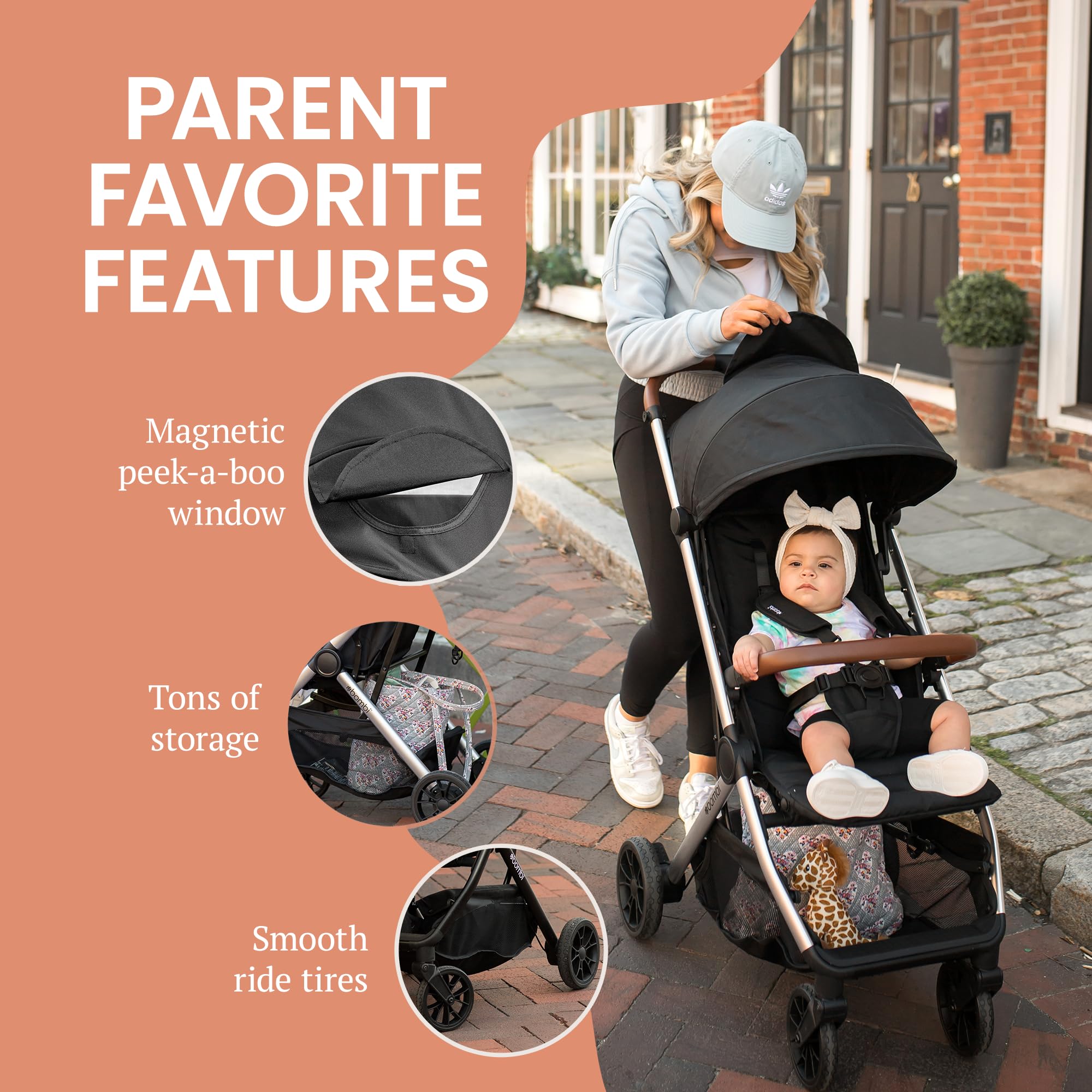 Bombi Bēbee V2 Lightweight Baby Stroller - Premium Vegan Leather, One-Hand Fold, Infinite Recline, Aircraft-Grade Aluminum Frame, XXL Canopy, and Ample Storage Umbrella Stroller - Storm Blue