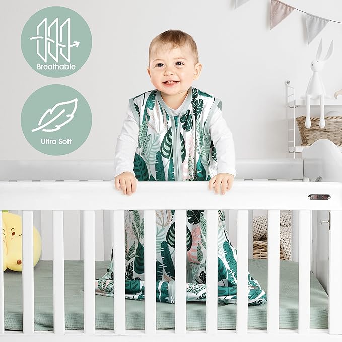 3 Pack Baby Sleep Sack 6-12 Months 100% Rayon Cotton Baby Sleeping Bag 2-Way Zipper Toddler Wearable Blankets Comfy Stretchy TOG 0.3 Lightweight（Banana&leaf&green）