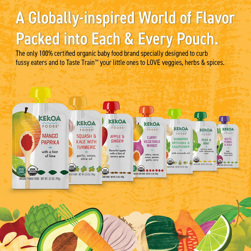 Kekoa Foods Mango Paprika Baby Food Purée | 100% USDA Certified-Organic, No Sugar Added | Organic, Non-GMO, Gluten-Free, Vegan | Sweet Mango with Lime & Mild Paprika | 3.5 oz Squeeze Pouch