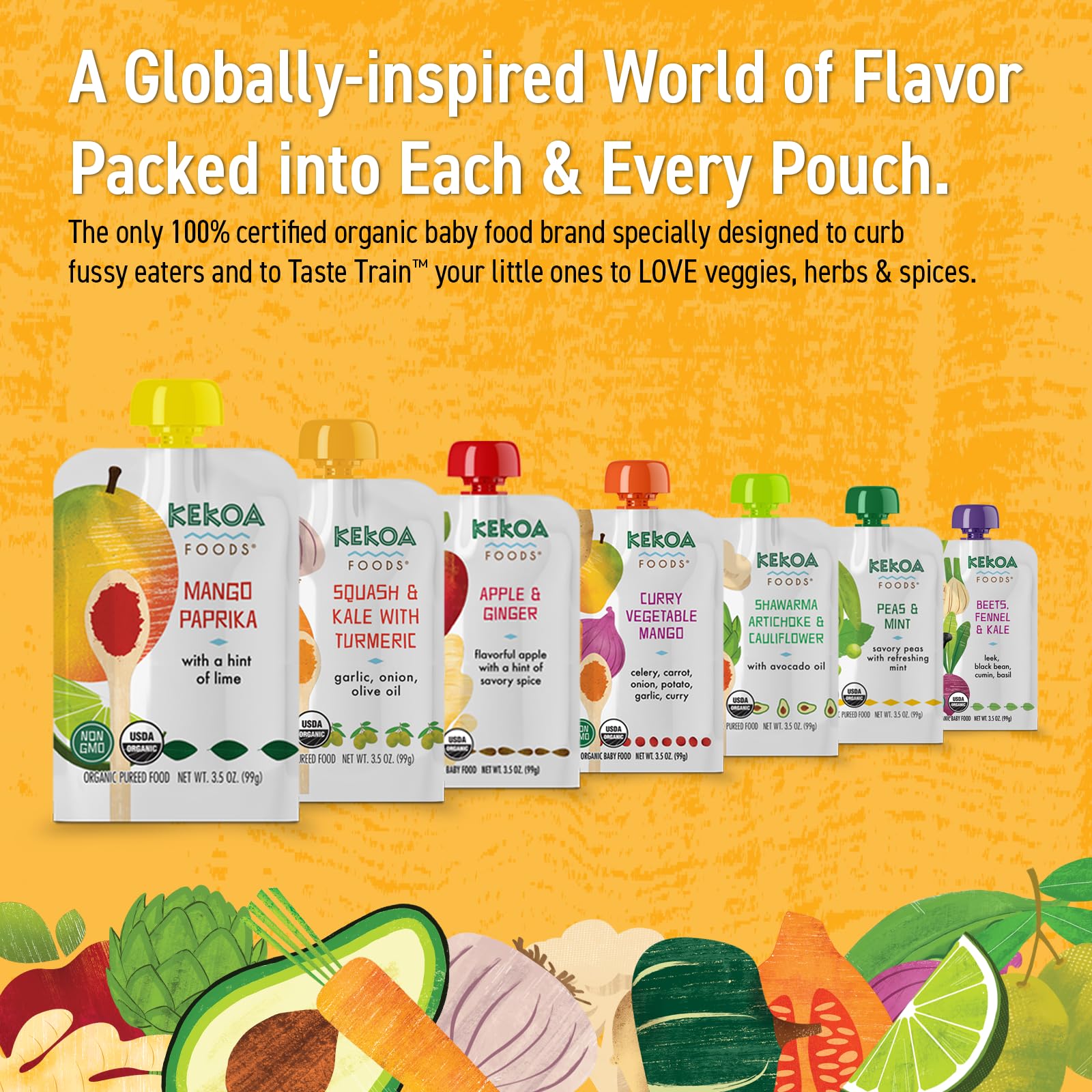 Kekoa Foods Mango Paprika Baby Food Purée | 100% USDA Certified-Organic, No Sugar Added | Organic, Non-GMO, Gluten-Free, Vegan | Sweet Mango with Lime & Mild Paprika | 3.5 oz Squeeze Pouch