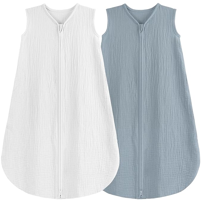 2 Pack Baby Sleep Sack 18-24 Months 100% Organic Cotton Muslin Baby Sleeping Bag 2-Way Zipper Toddler Wearable Blankets Comfy Stretchy Thin Sleep Sacks