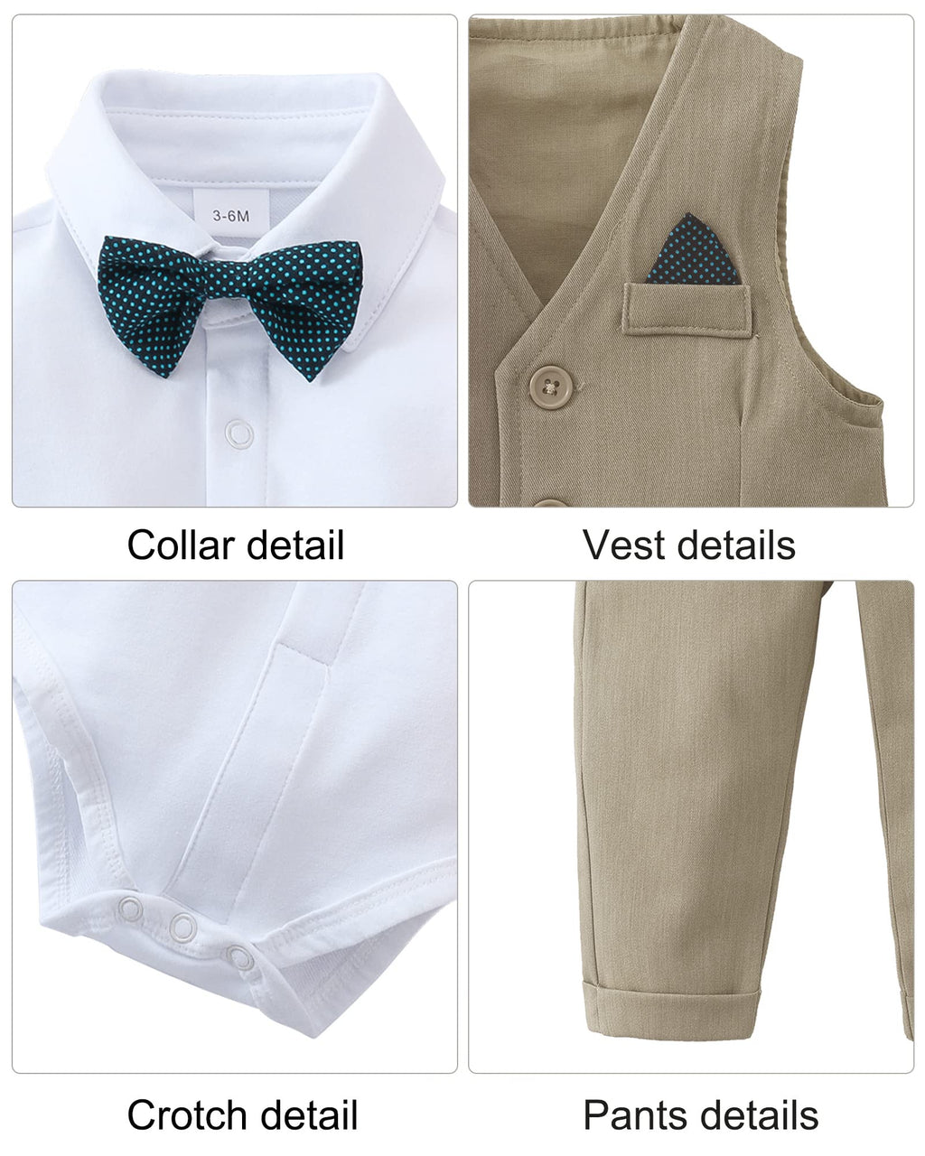 DISAUR Baby Boy Western Outfit First Birthday Outfit Baby Boy Long Sleeve Infant White Shirt Khaki Vest Pants Bow Tie 3 6 Months