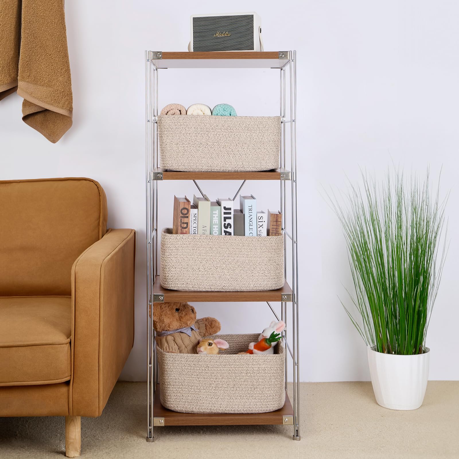 MiniArk Large Storage Baskets for Organizing, 17 x 13 x 7.5” Closet Shelf Baskets for Clothes Blanket Towels, Baby Nursery, Toy Bins Box, Woven Rope Baskets, 4 Packs Mixed Brown