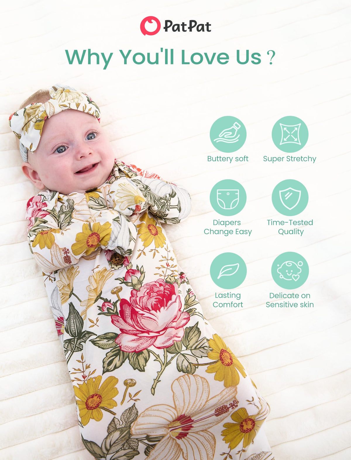 PATPAT Baby Sleeper Gown with Bamboo Viscose for Newborn Girls Boys, Knotted Nightgown with Mittens for Infant Home Coming, Onyx-Hat, 0-3M