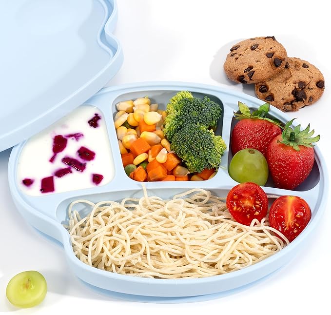 Li&Zhao Baby Bowls with Suction - Suction Plates for Toddlers Toddler Plate Baby Plate Divided Design Kids Plates Baby Suction Plate with Lids Microwave & Dishwasher