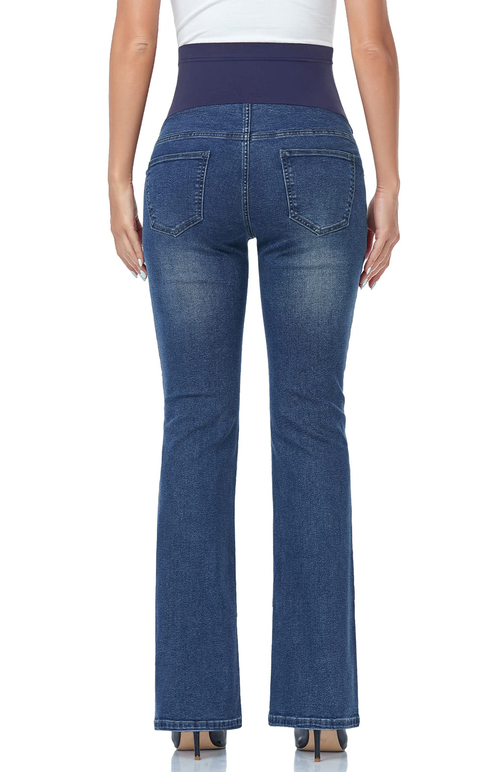 GLAMIX Women's Stretch Maternity Bootcut Jeans with Pockets Over The Belly Bell Bottoms Flare Denim Pants Pregnancy Clothes(Navy Blue, M)
