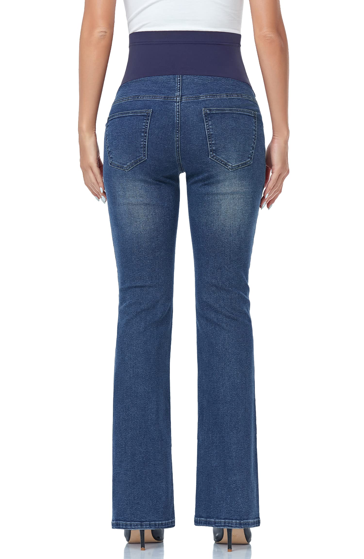 GLAMIX Women's Stretch Maternity Bootcut Jeans with Pockets Over The Belly Bell Bottoms Flare Denim Pants Pregnancy Clothes(Navy Blue, M)