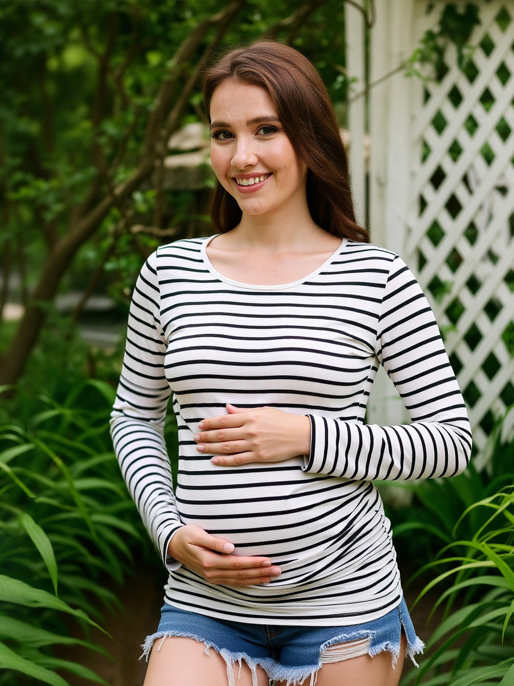Maternity Shirts Long Sleeve Crew Neck Pregnancy Top, White Stripe, 2XL