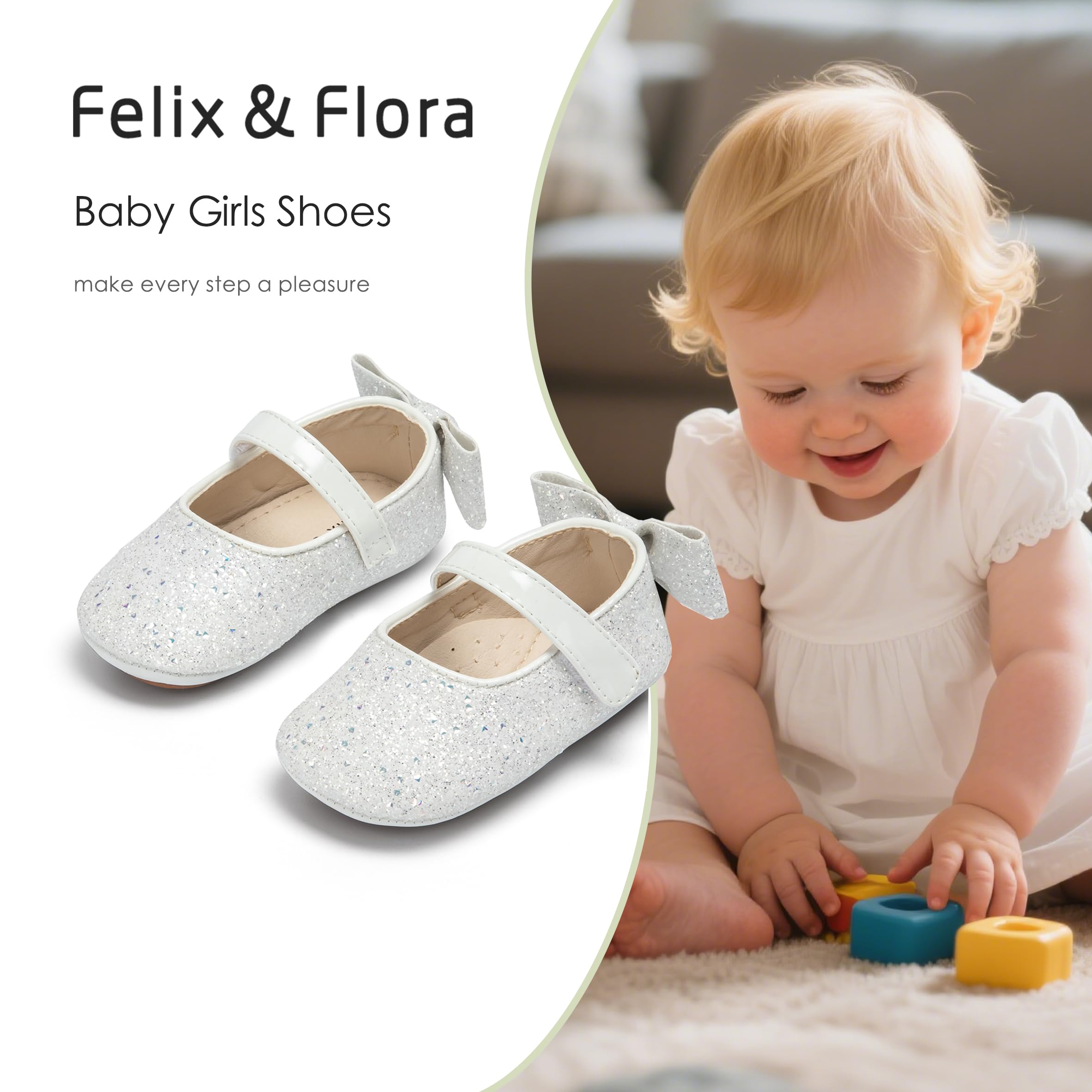 Felix & Flora Soft Sole Giltter White Baby Walking Shoes - Infant Moccasins Rubber Sole Crib Ballet Flats(Giltter White,12-18Months)