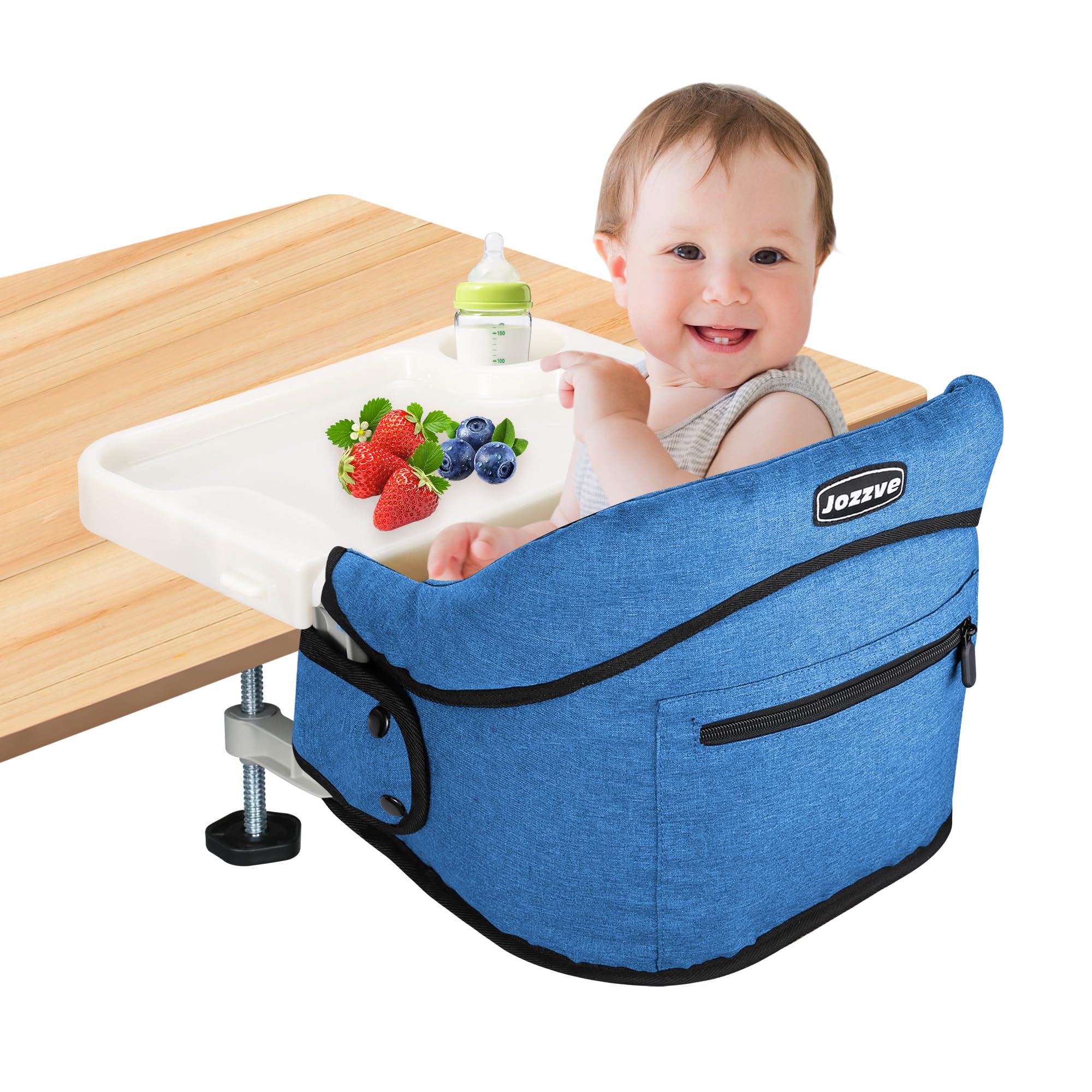 JOZZVE Hook On High Chair with Tray, Clip-On Feeding Seat, Bright Blue