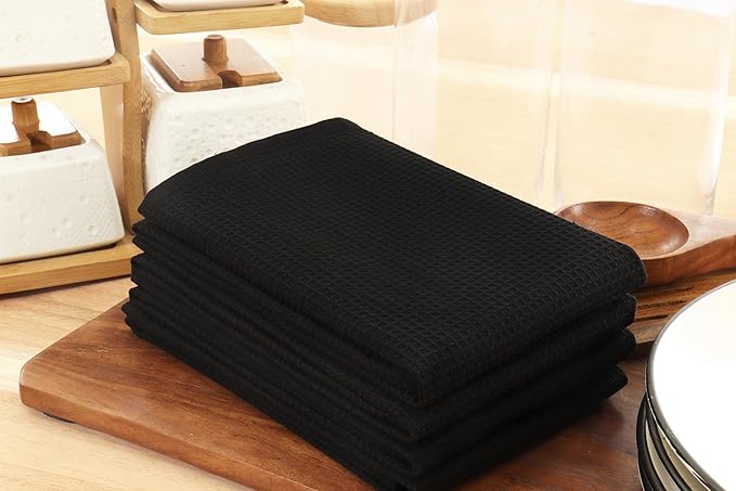 PurpleEssences Waffle Weave Kitchen Towel, 100% Cotton - 15 x 25 Inches, with Hanging Loop Ultra Soft Absorbent Quick Drying Dish Cloth, Tea & Hand Towels, 6 Pack - Fall Thanksgiving Halloween - Black