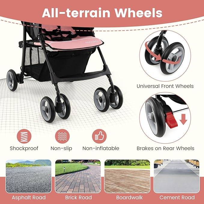 Baby Joy Lightweight Stroller, Compact Toddler Travel Stroller for Airplane, Infant Stroller w/Adjustable Backrest/Footrest/Canopy, 5-Point Harness, Storage Basket, Easy One-Hand Fold (Pink)
