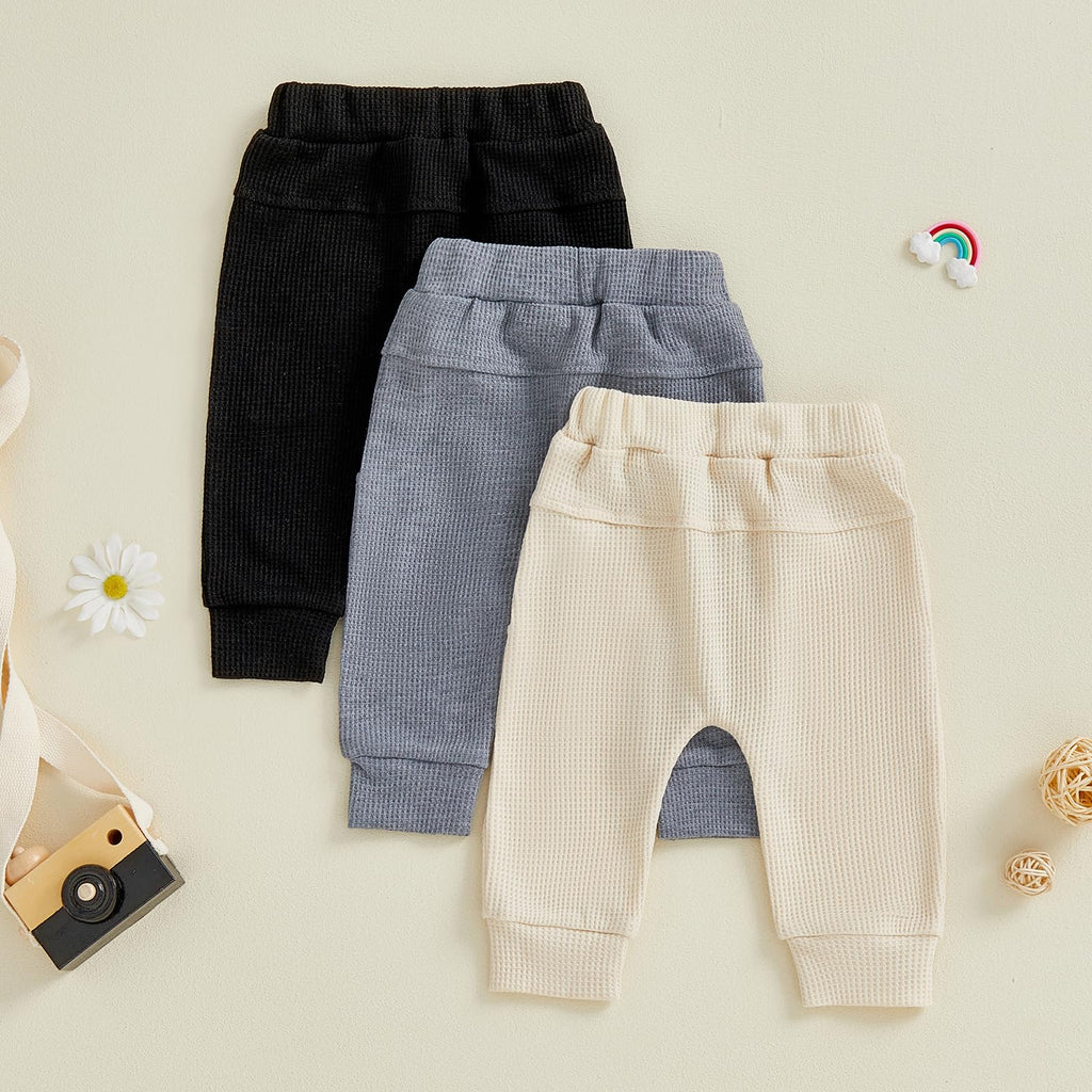 Sejardin Toddler Baby Boy Girl Pants 3 Pack Solid Color Elastic Waist Jogger Sweatpants Newborn Infant Casual Bottoms (Waffle Black Gray Apricot, 6-12 Months)