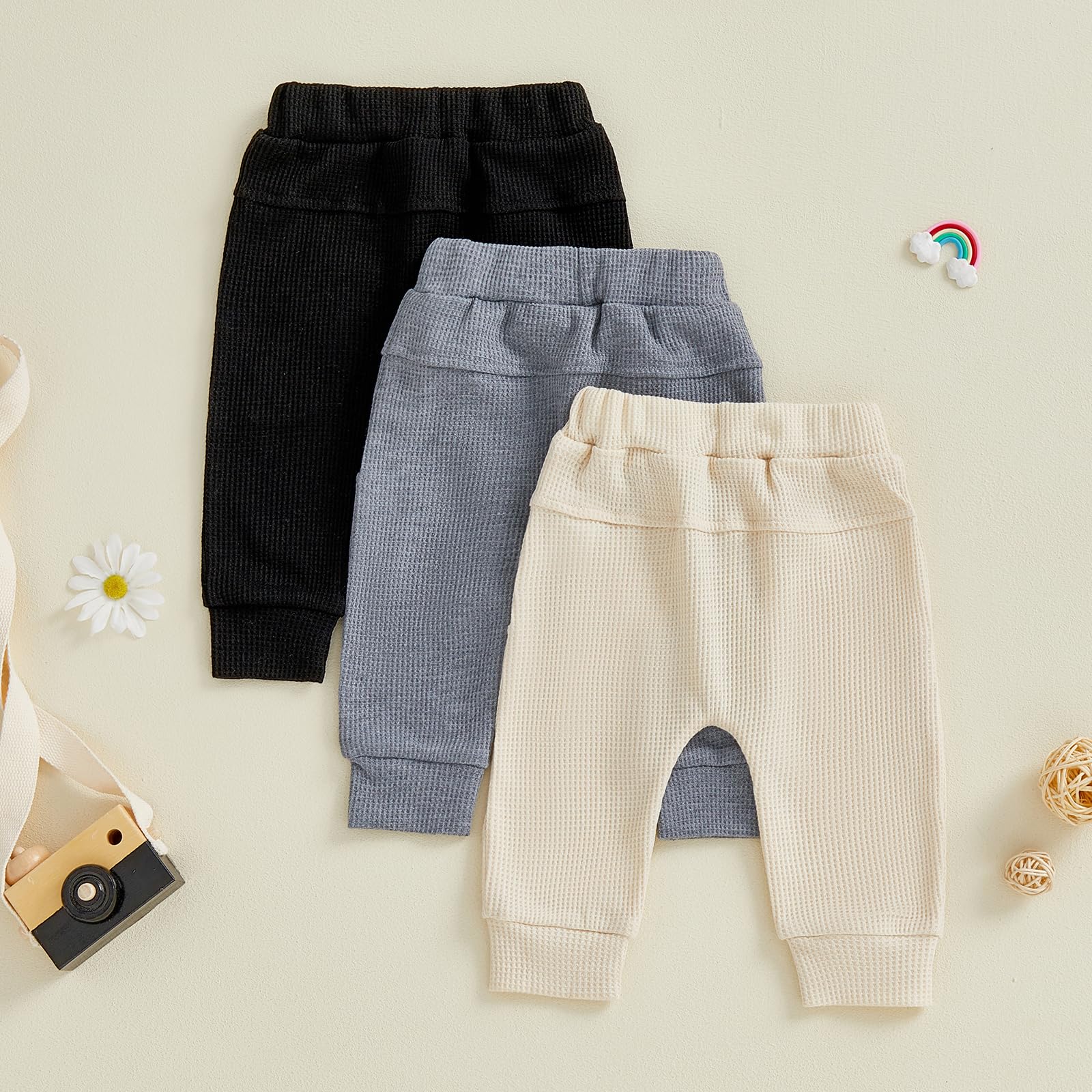 Sejardin Toddler Baby Boy Girl Pants 3 Pack Solid Color Elastic Waist Jogger Sweatpants Newborn Infant Casual Bottoms (Waffle Black Gray Apricot, 6-12 Months)