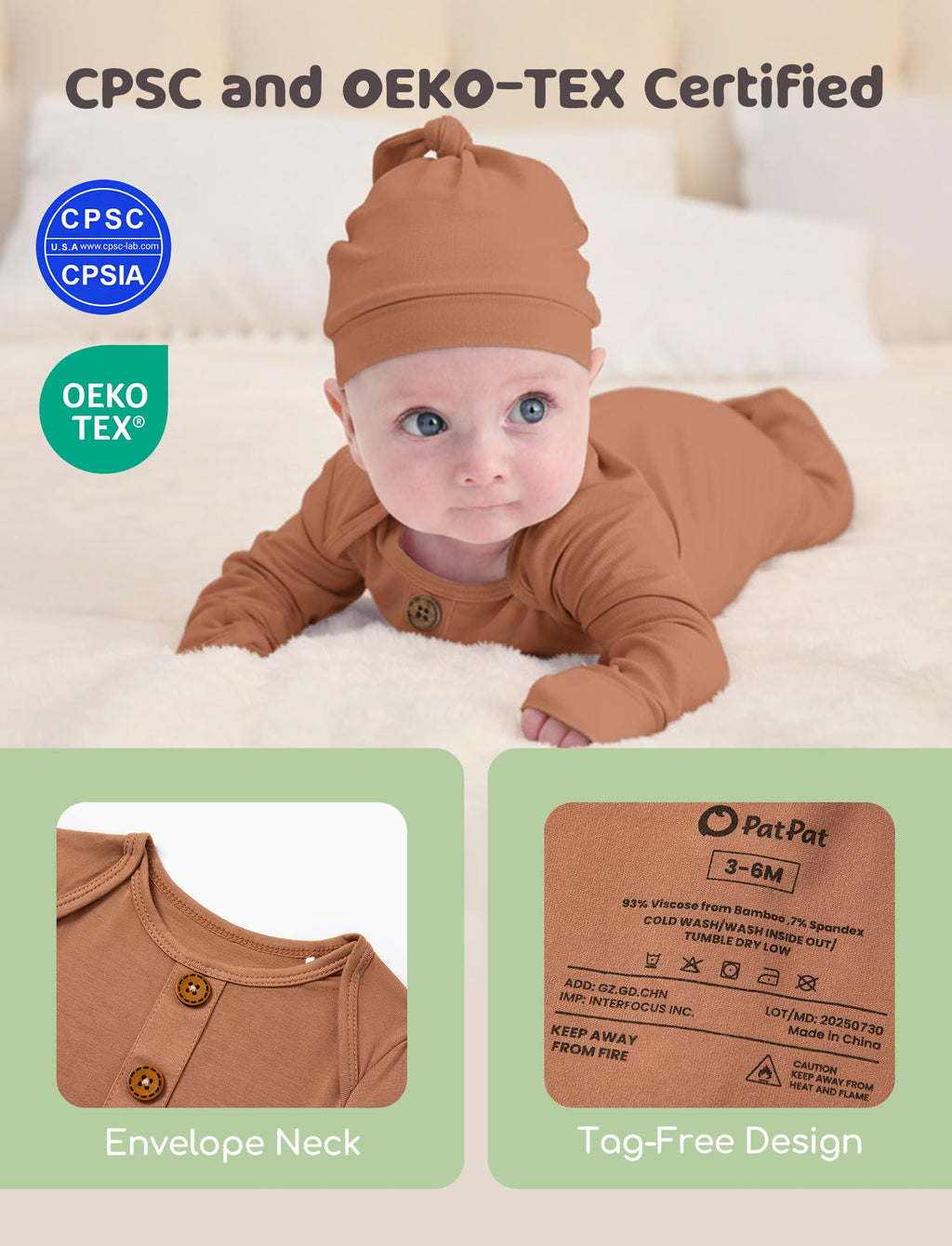 PATPAT Baby Sleeper Gown with Bamboo Viscose for Newborn Girls Boys, Knotted Nightgown with Mittens for Infant Home Coming, Brown-Hat, 3-6M
