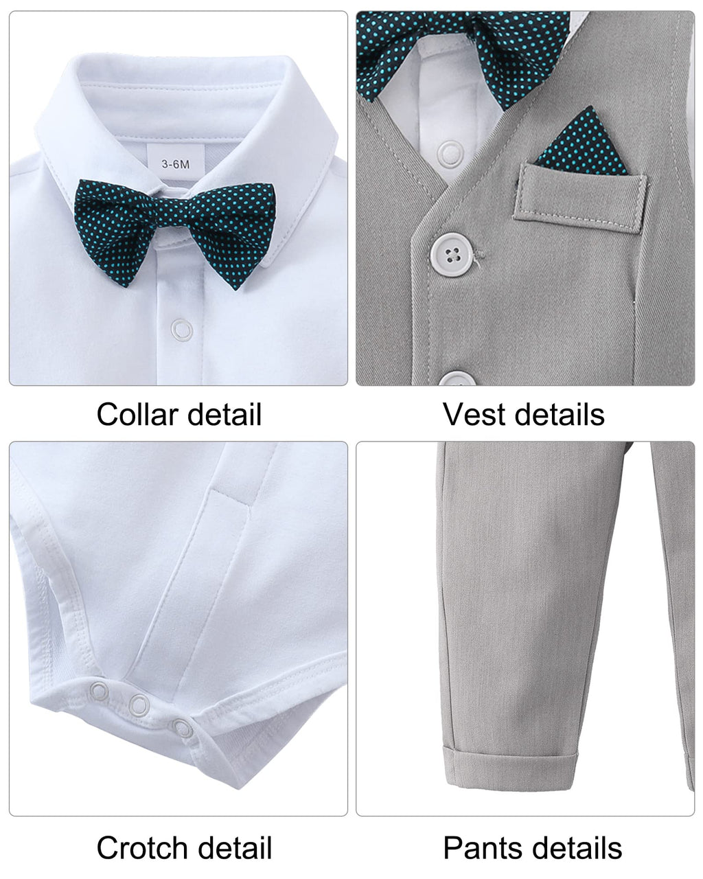 DISAUR Suit for Baby Boy Ring Bearer Outfit Long Sleeve Infant White Shirt Gray Vest Pants Bow Tie 1t 12 18 Months
