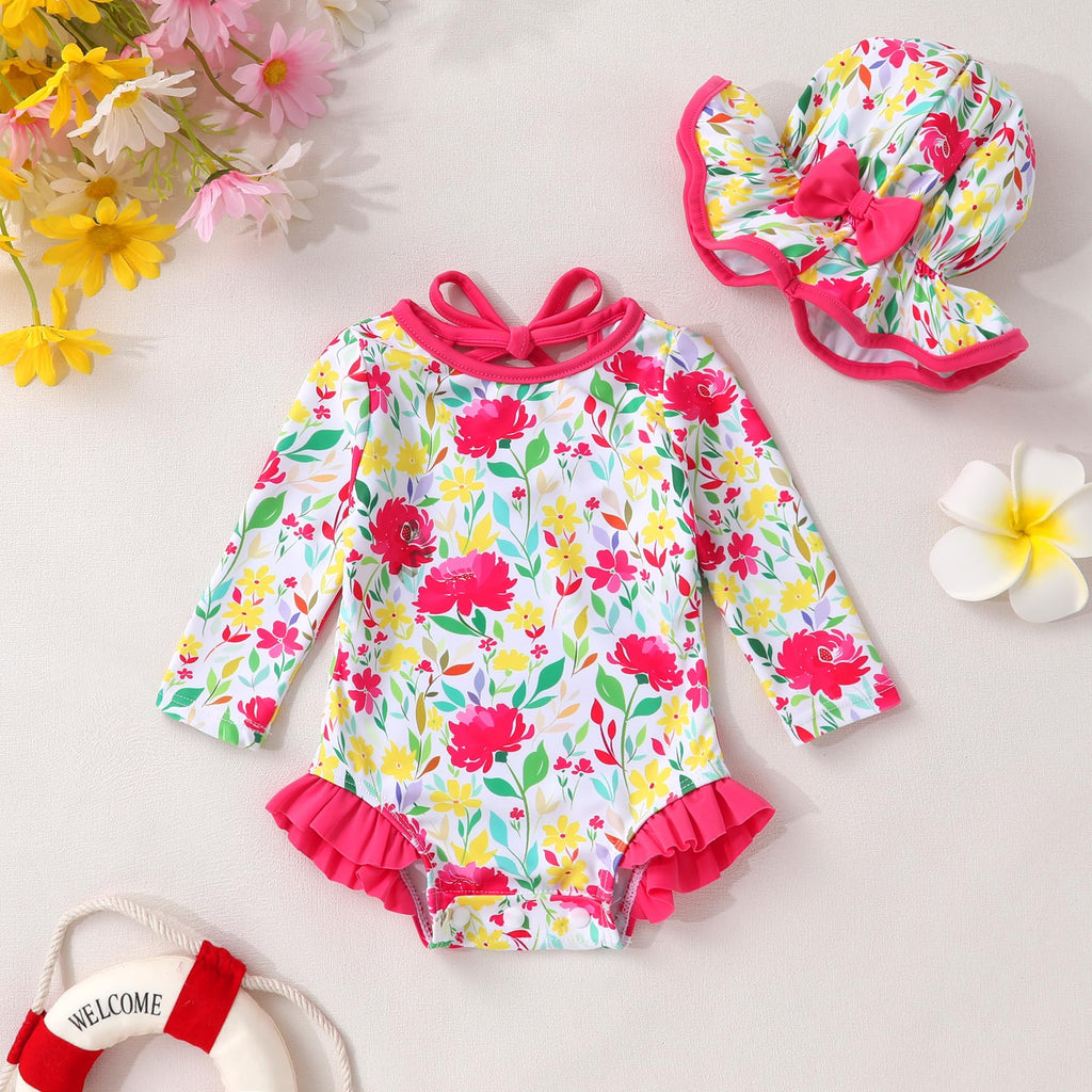 Infant Baby Girls Long Sleeve One Piece Swimsuit with Hat Floral Zipper Bathing Suit Leopard Beach Wear (Rose Red Edged Big Flower，3-6Months)