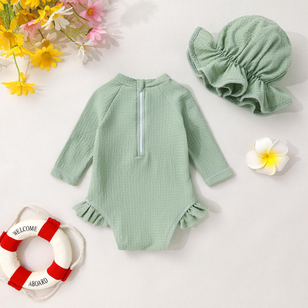 YOUNGER TREE Infant Baby Girls Long Sleeve Swimsuit One Piece Swimsuit Solid Color Bathing Suit with Hat, UPF 50+（Light Green, 0-3 Months）