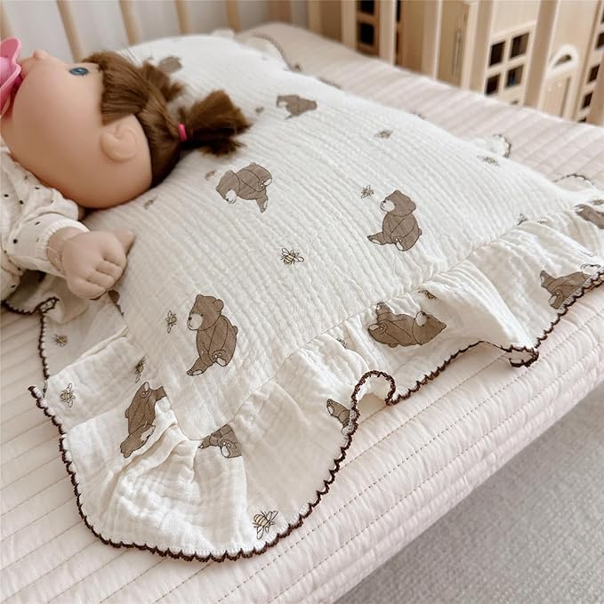 AOJIM Cute Cartoon Pattern Muslin Toddler Kids Pillow Case Super Soft Cotton Baby Crib Pillowcase 1pc with Ruffle Edge, Machine Washable Boys Girls Pillowcase with Bear and Bee Print for Decor,14x20''