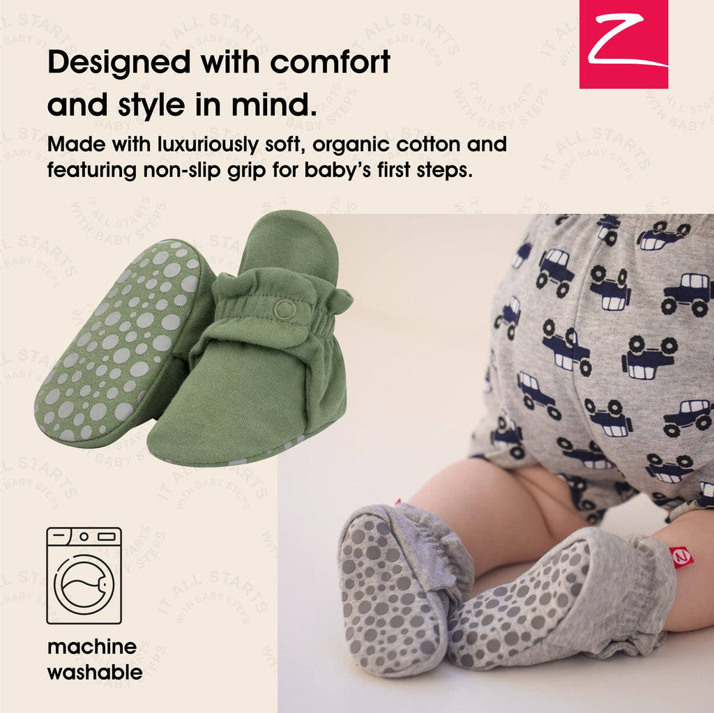 Zutano Unisex Organic Cotton Baby Booties With Gripper Soles, Olive, 24M