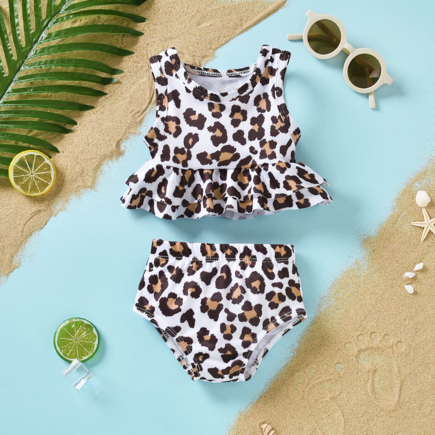 Toddler Little Girls Swimsuit Two Piece Cheetah Ruffle Bathing Suit Bikini Tops Bottoms Swimming Suit Swimwear Beach Wear Leopard 4T - 5T